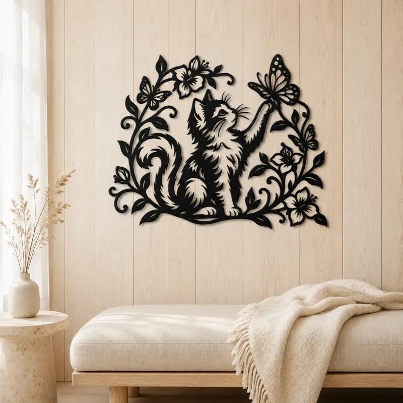 Cat and Butterfly Vine Metal Wall Art | Pet Lover Silhouette Decor - lifestyle view 5