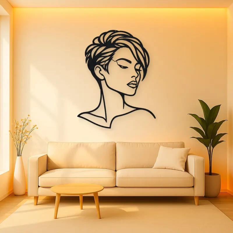 Short Hair Modern Face Metal Wall Art | Minimalist Woman Line Art