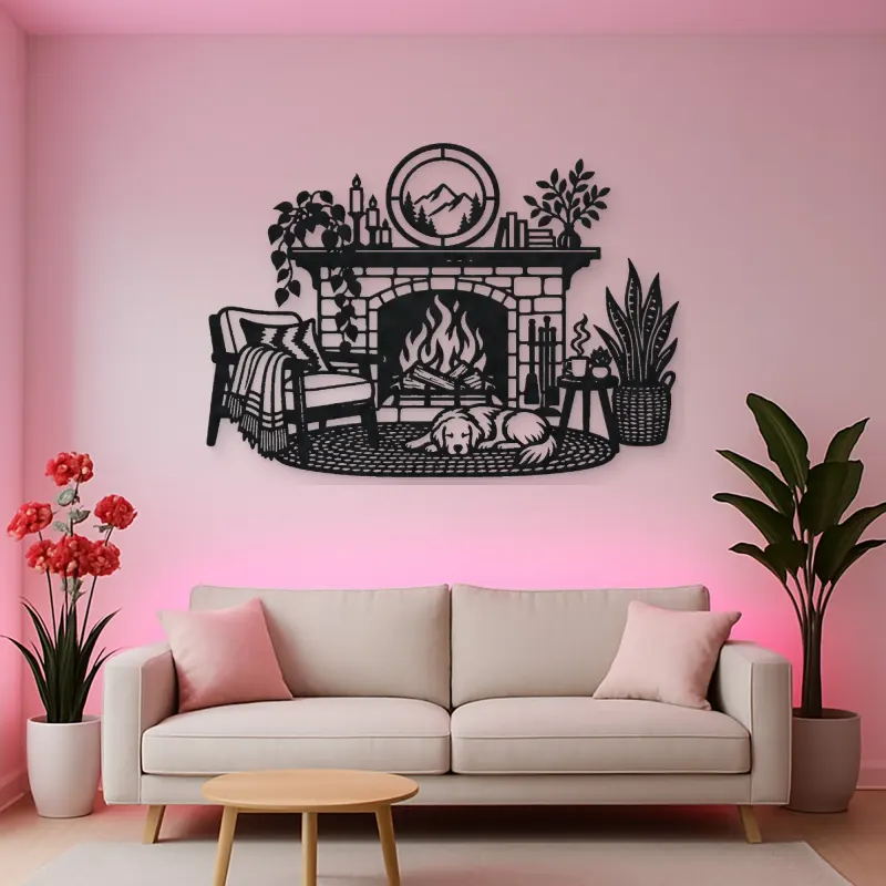 Modern Fireplace Scene Metal Wall Art | Cozy Home Metal Decor