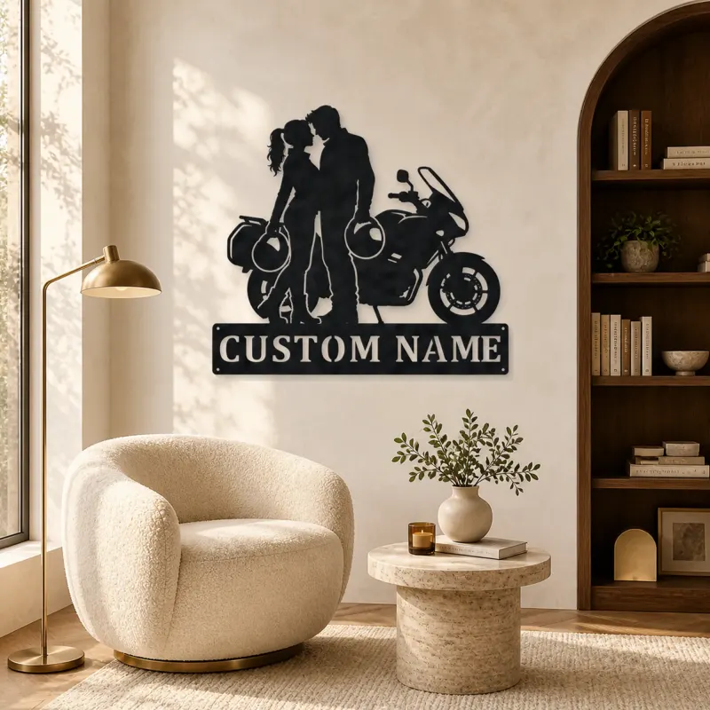 Personalized Helmet Couple and Touring Motorcycle Metal Wall Art - lifestyle view 5