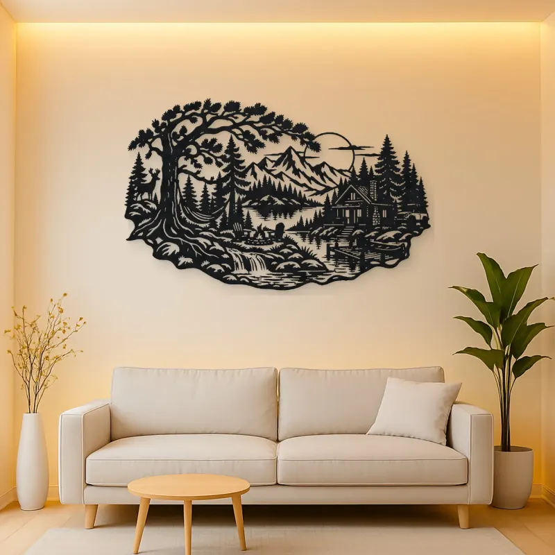 Forest Cabin Retreat Metal Wall Art | Nature Silhouette Decor