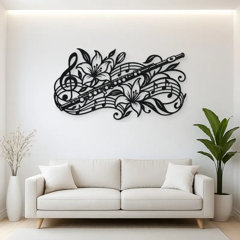 Flute Botanical Line Metal Wall Art | Music Room Wall Decor