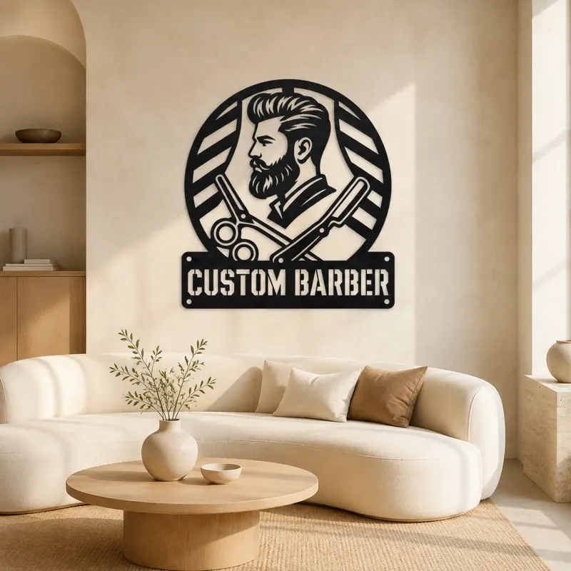 Décoration murale en métal personnalisée de barbier avec ciseaux et rasoir