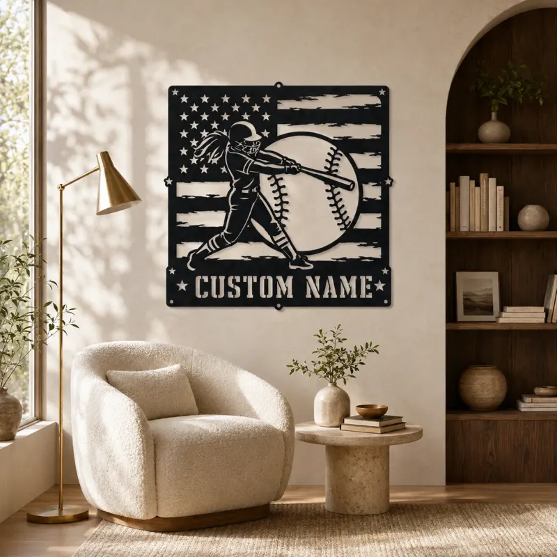 Personalized Softball Batter Distressed American Flag Metal Wall Art - lifestyle view 5