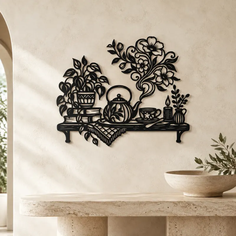 Teapot Floral Steam Metal Wall Art | Botanical Metal Wall Decor - lifestyle view 3