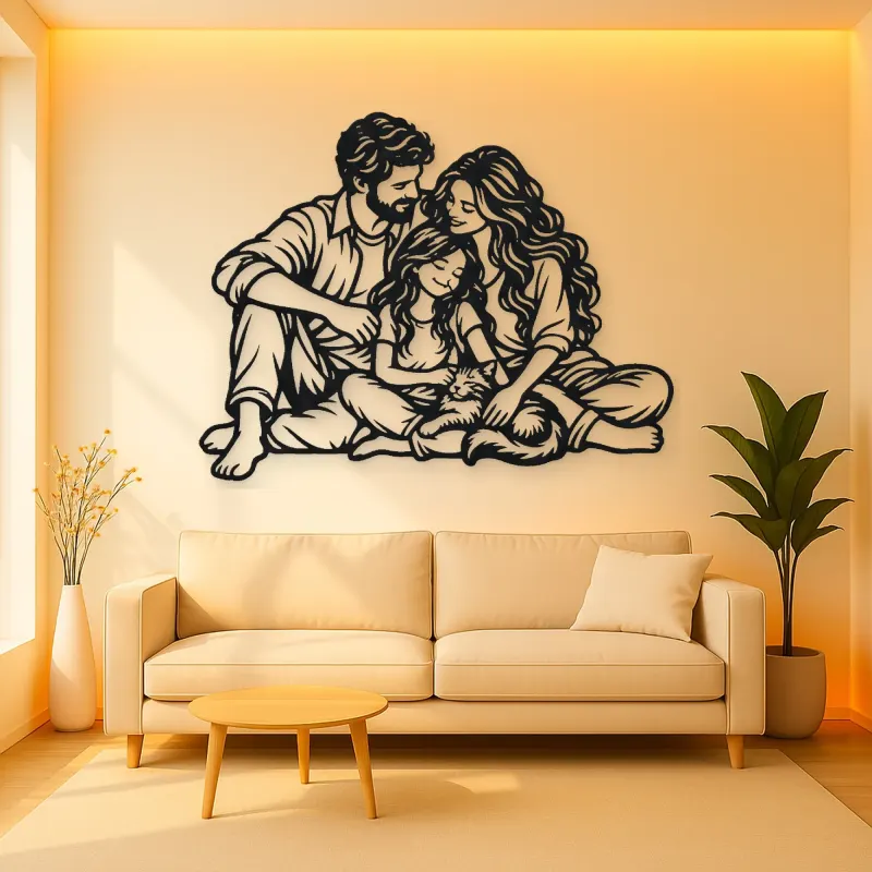 Family with Cat Metal Wall Art | Pet Lover Silhouette Decor