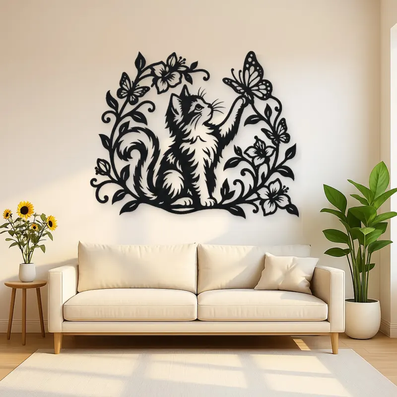Cat and Butterfly Vine Metal Wall Art | Pet Lover Silhouette Decor