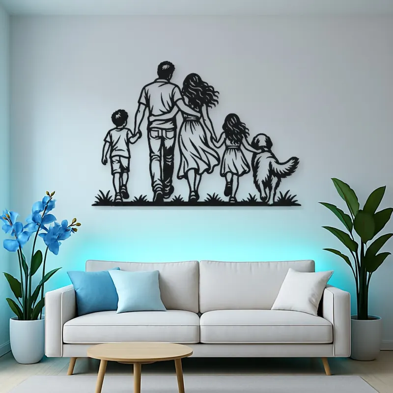 Family with Dog Metal Wall Art | Pet Lover Silhouette Decor