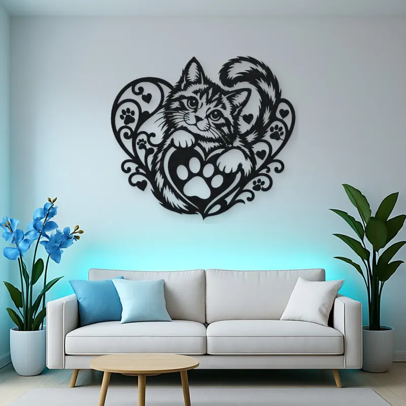 Cat Paw Heart Metal Wall Art | Pet Lover Silhouette Decor