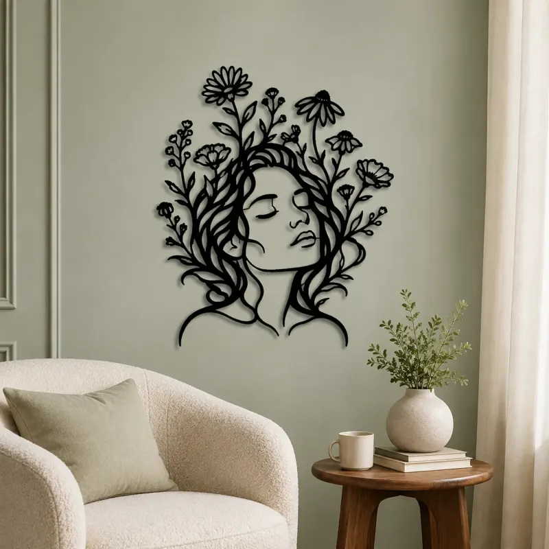 Wildflower Face Metal Wall Art | Minimalist Woman Line Art - lifestyle view 2
