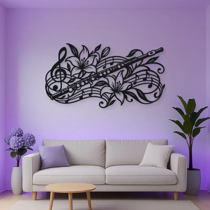 Flute Botanical Line Metal Wall Art | Music Room Wall Decor