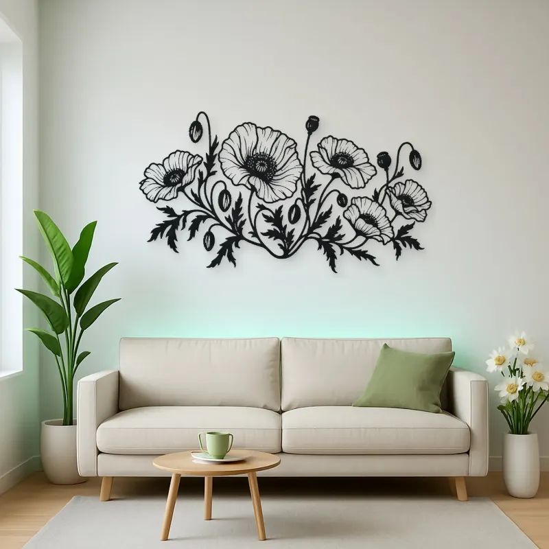 Poppy Field Line Metal Wall Art | Botanical Metal Wall Decor