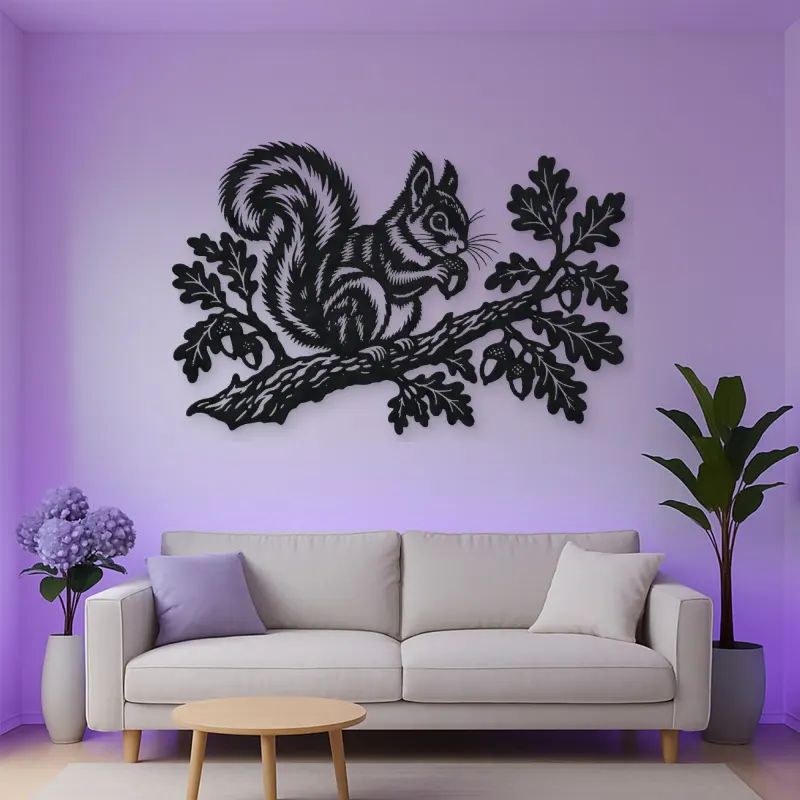 Squirrel Oak Branch Metal Wall Art | Wildlife Silhouette Decor