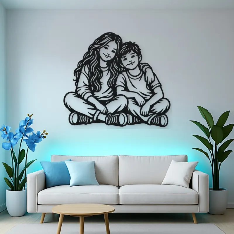 Siblings Side by Side Metal Wall Art | Family Silhouette Decor