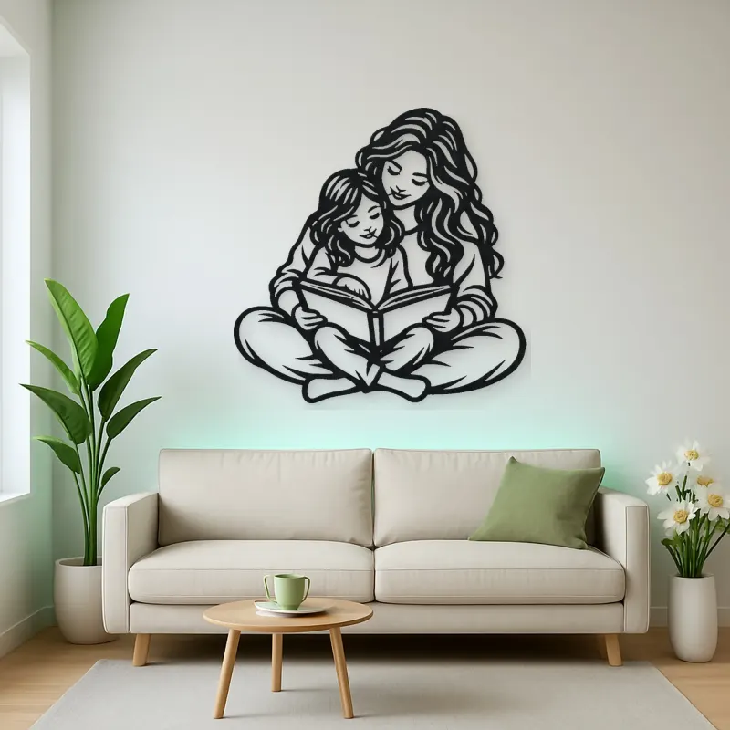 Parent Child Reading Metal Wall Art | Family Silhouette Decor