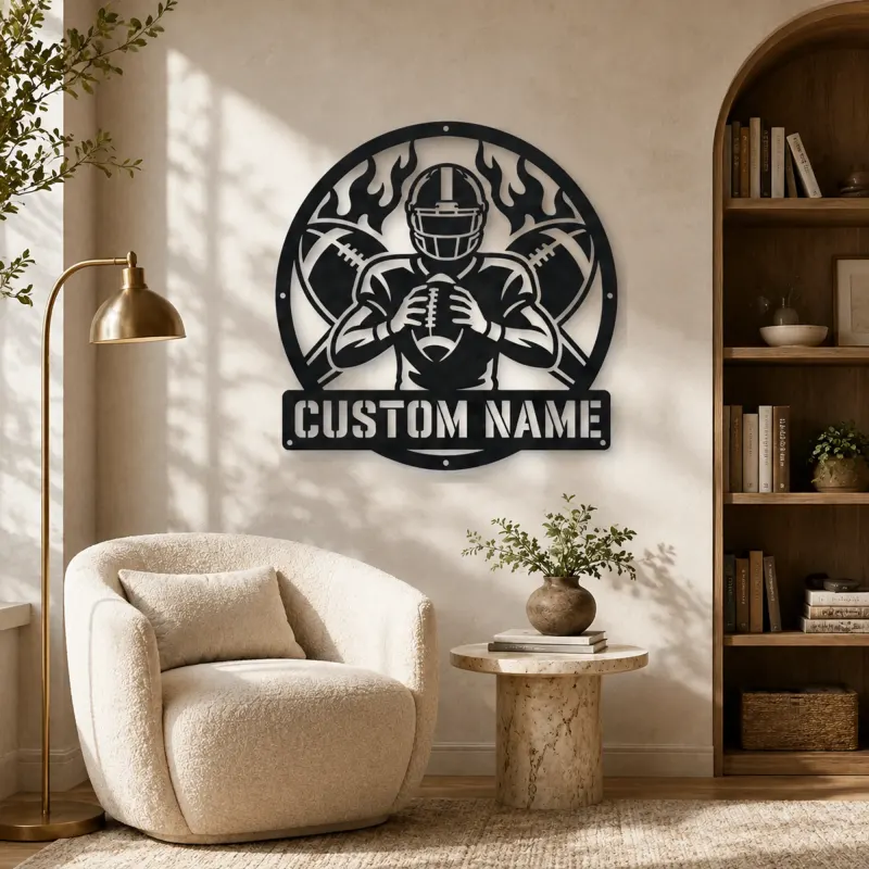 Personalized Football Player Crossed Balls Flame Metal Wall Art - lifestyle view 5