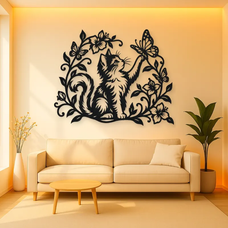 Cat and Butterfly Vine Metal Wall Art | Pet Lover Silhouette Decor