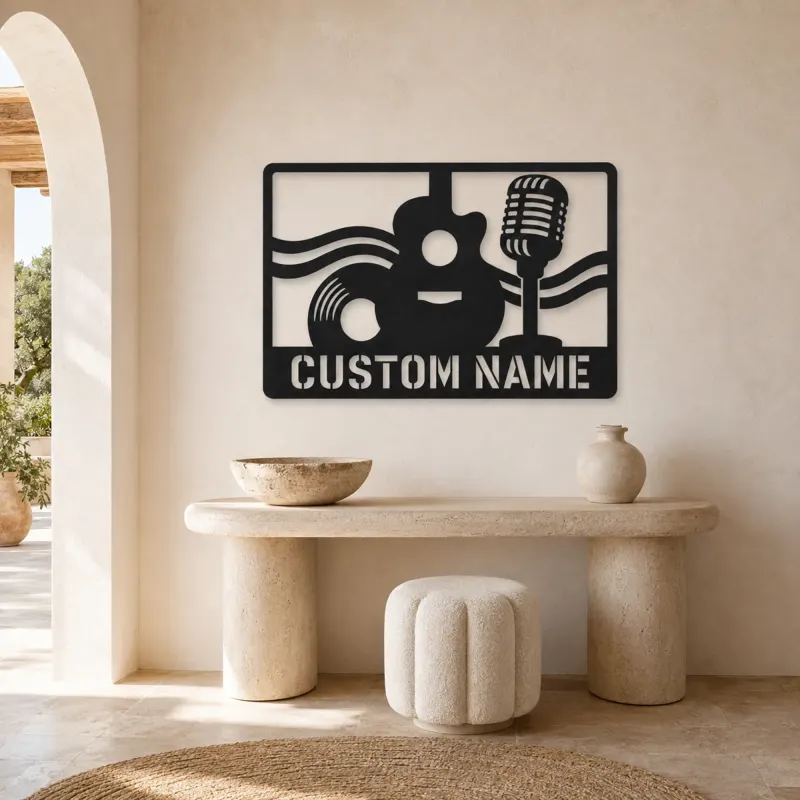 Personalized Vinyl Record Metal Wall Art with Vintage Microphone - lifestyle view 3