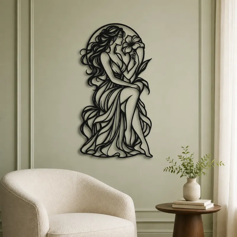 Muse with Flower Metal Wall Art | Minimalist Woman Line Art - lifestyle view 2