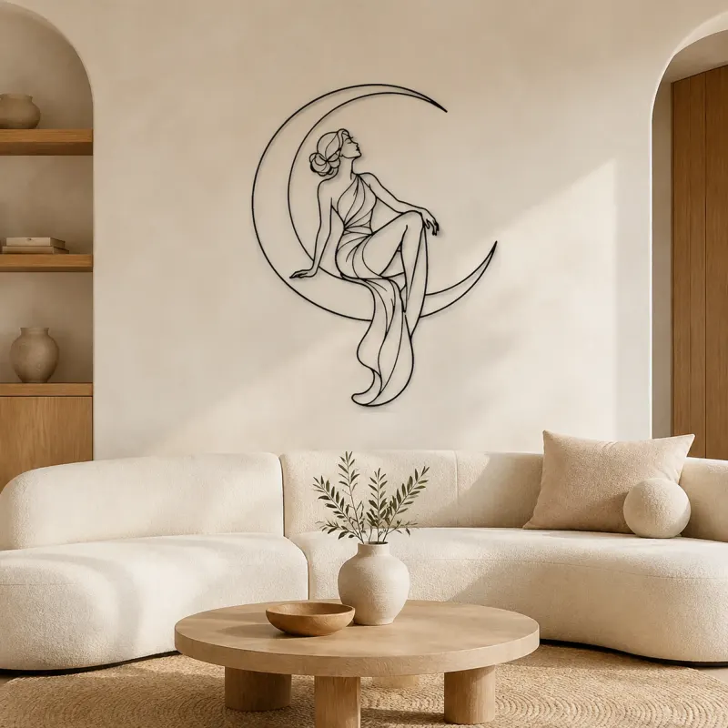 Cartel de metal mujer luna creciente | Decoración mural mujer celestial