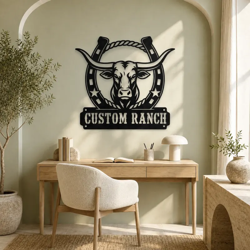 Personalized Longhorn Ranch Metal Wall Art with Horseshoe Frame - lifestyle view 4