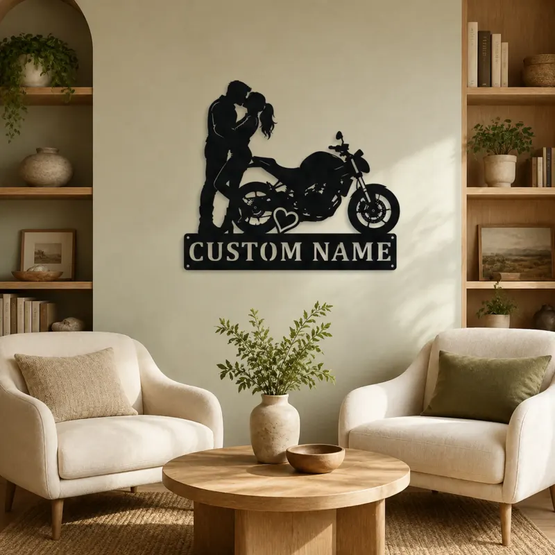 Personalized Kissing Couple Motorcycle Metal Wall Art with Heart - lifestyle view 4