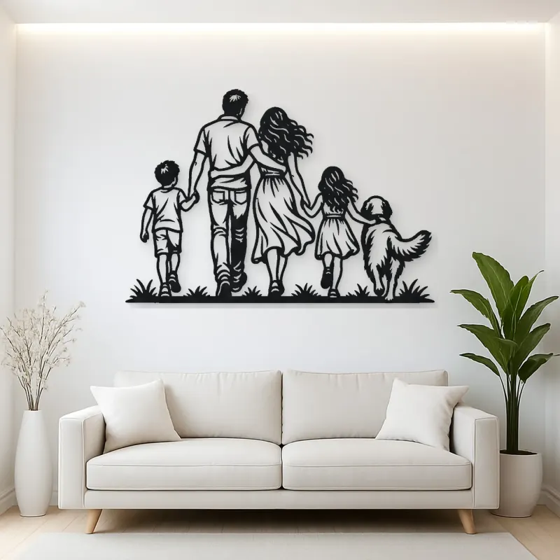 Family with Dog Metal Wall Art | Pet Lover Silhouette Decor