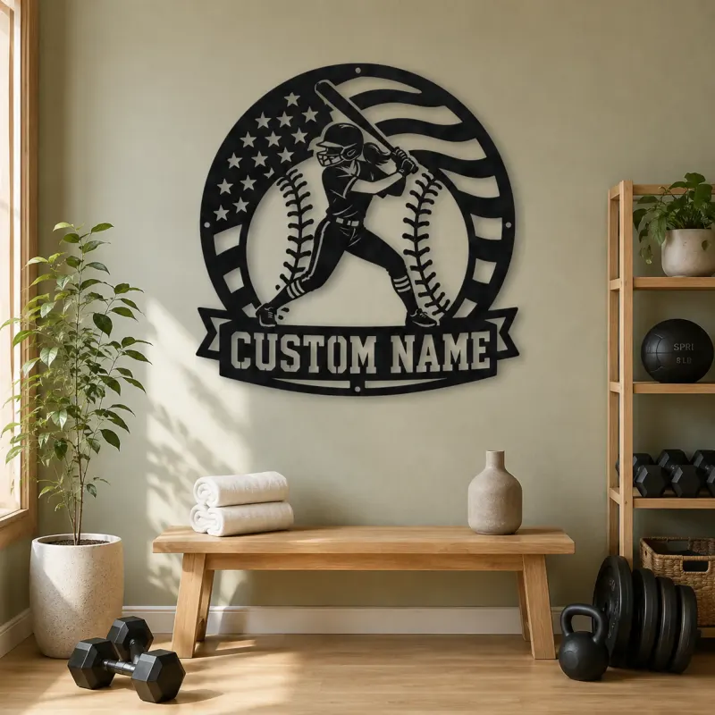 Personalized Female Softball Batter Round Flag Metal Wall Art - lifestyle view 4