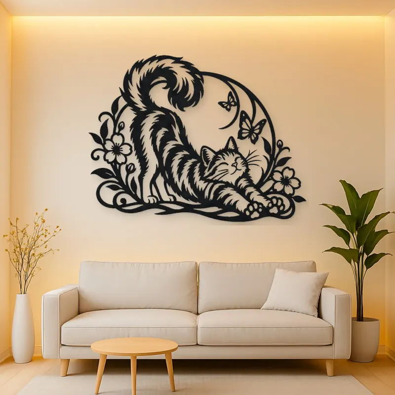 Cat Stretch Flow Metal Wall Art | Pet Lover Silhouette Decor