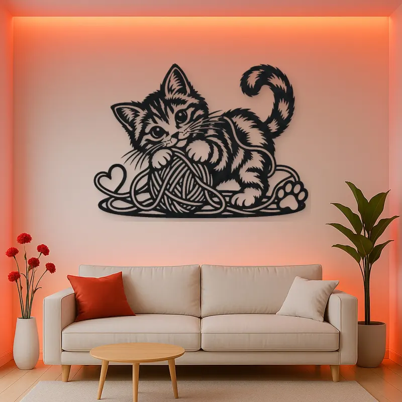 Playful Kitten Yarn Metal Wall Art | Pet Lover Silhouette Decor