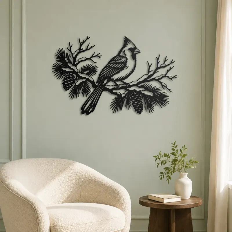 Cardinal Winter Branch Metal Wall Art | Wildlife Silhouette Decor - lifestyle view 2