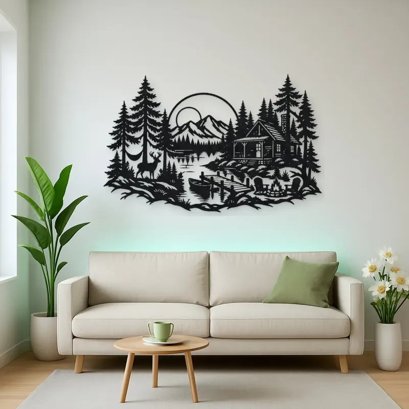 Lakeside Forest Cabin Metal Wall Art | Nature Silhouette Decor