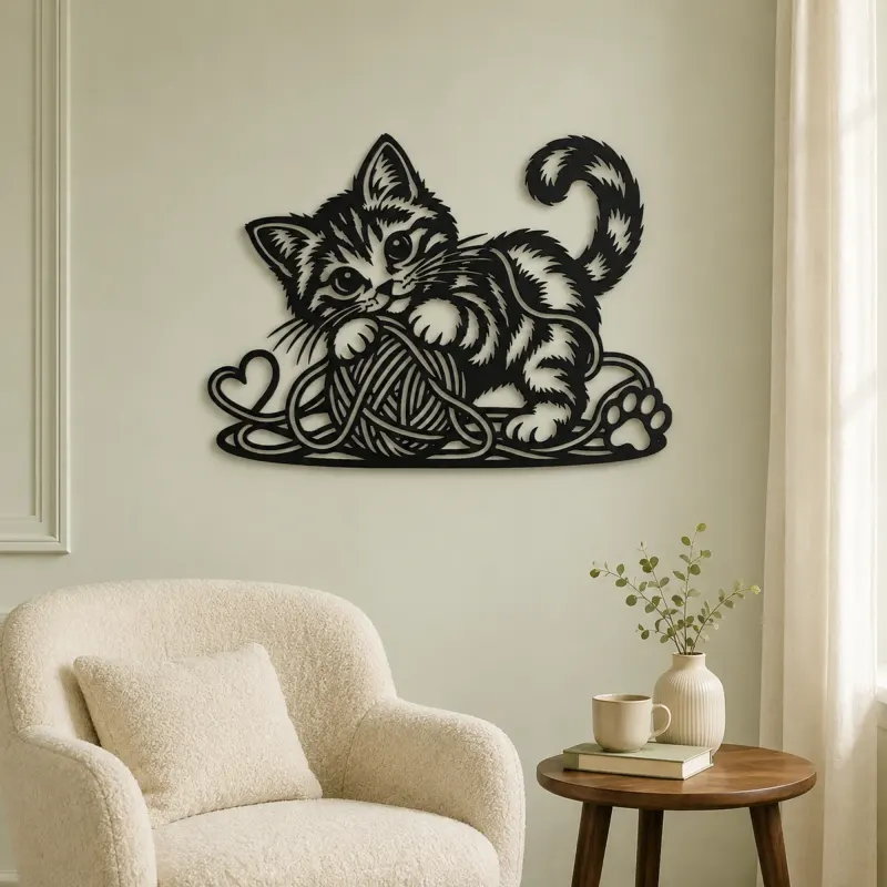 Playful Kitten Yarn Metal Wall Art | Pet Lover Silhouette Decor - lifestyle view 2