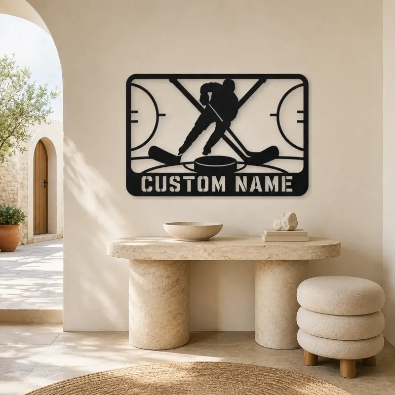 Personalized Ice Hockey Metal Wall Art with Crossed Sticks - lifestyle view 3
