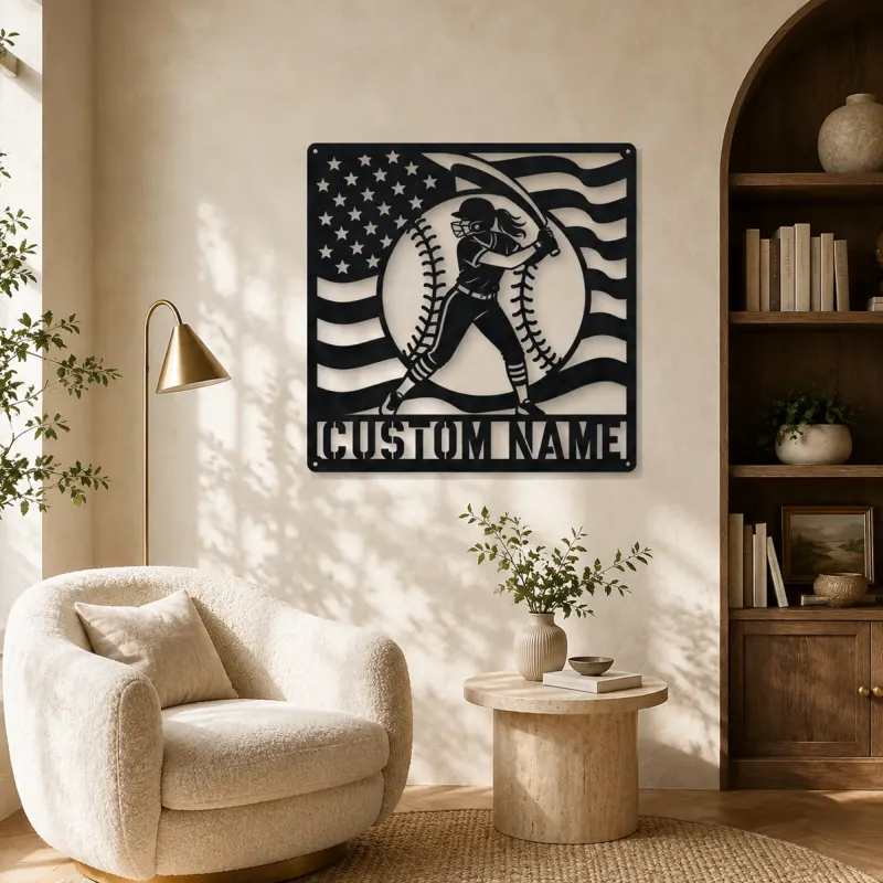 Personalized Female Softball Follow Through Flag Metal Wall Art - lifestyle view 5