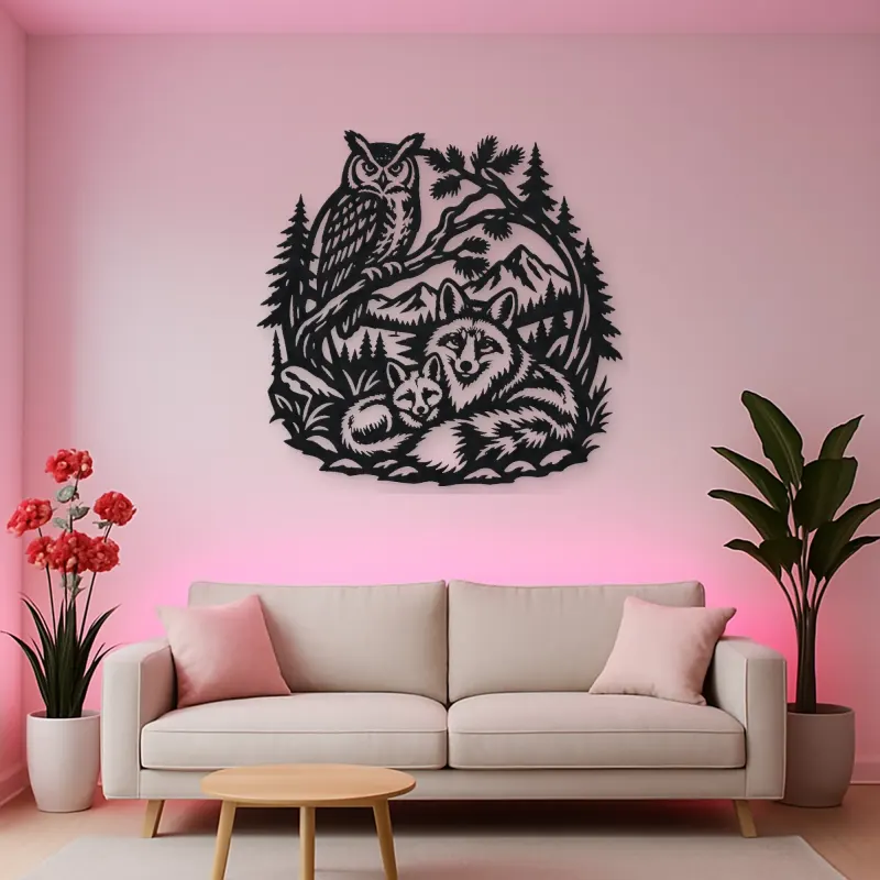 Owl and Fox Forest Metal Wall Art | Wildlife Silhouette Decor