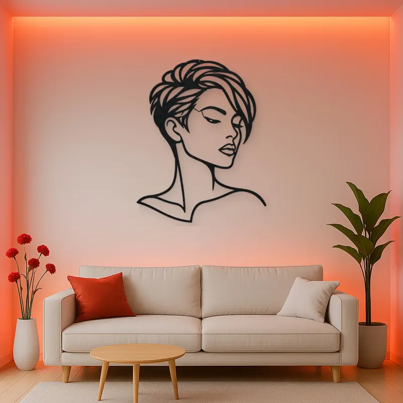 Short Hair Modern Face Metal Wall Art | Minimalist Woman Line Art