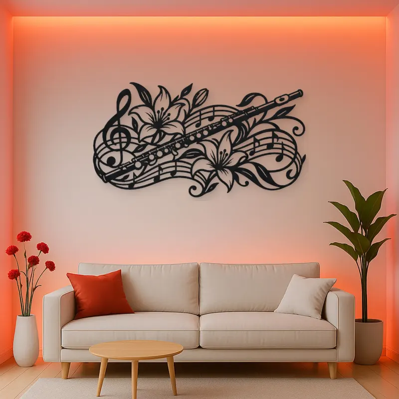 Flute Botanical Line Metal Wall Art | Music Room Wall Decor
