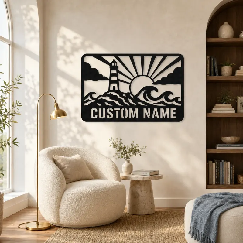 Personalized Lighthouse Metal Wall Art with Ocean Waves - lifestyle view 5