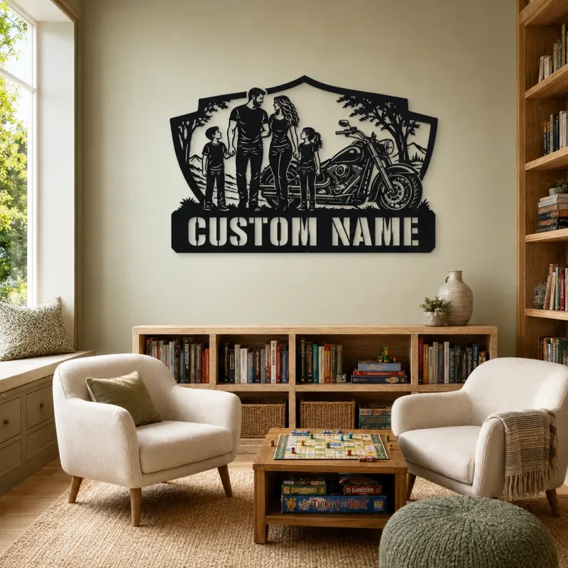 Personalized Family of Four Cruiser Motorcycle Metal Wall Art - lifestyle view 4