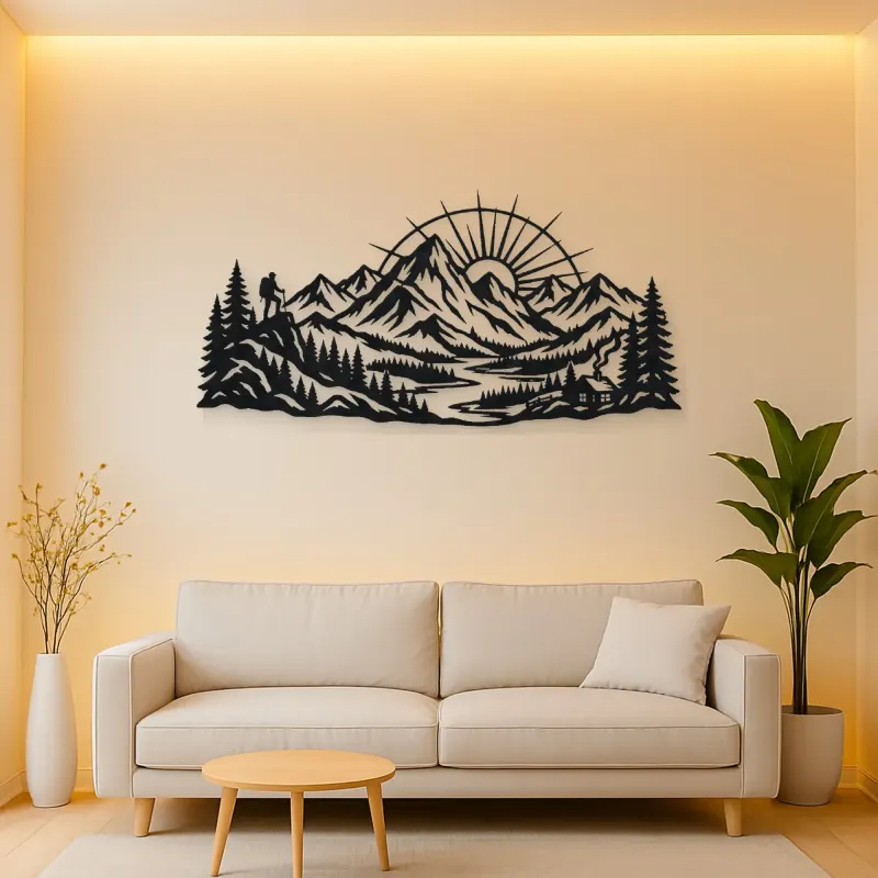 Mountain Sunrise Arc Metal Wall Art | Nature Silhouette Decor