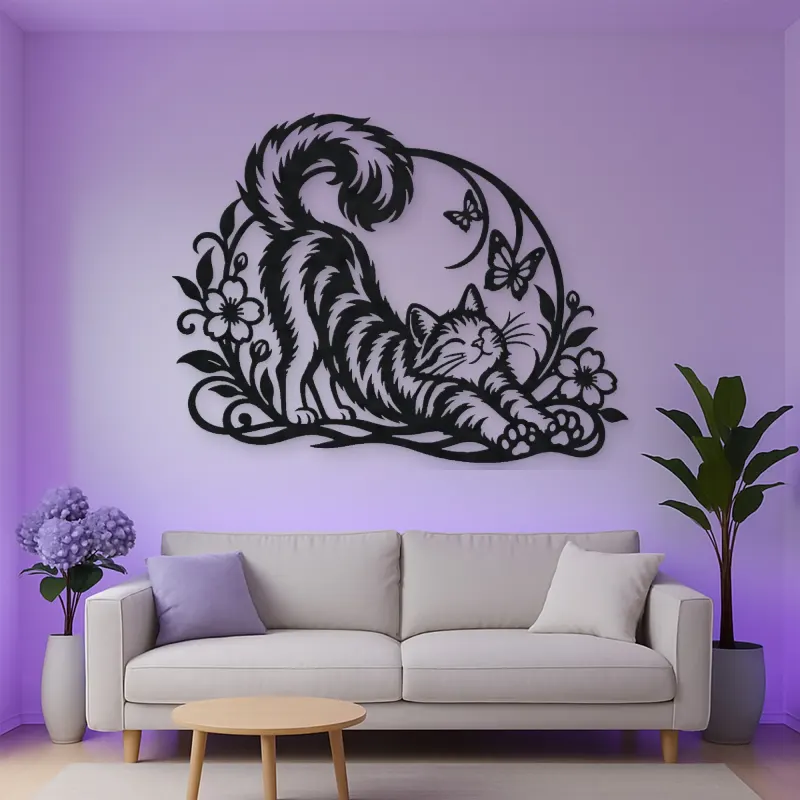 Cat Stretch Flow Metal Wall Art | Pet Lover Silhouette Decor