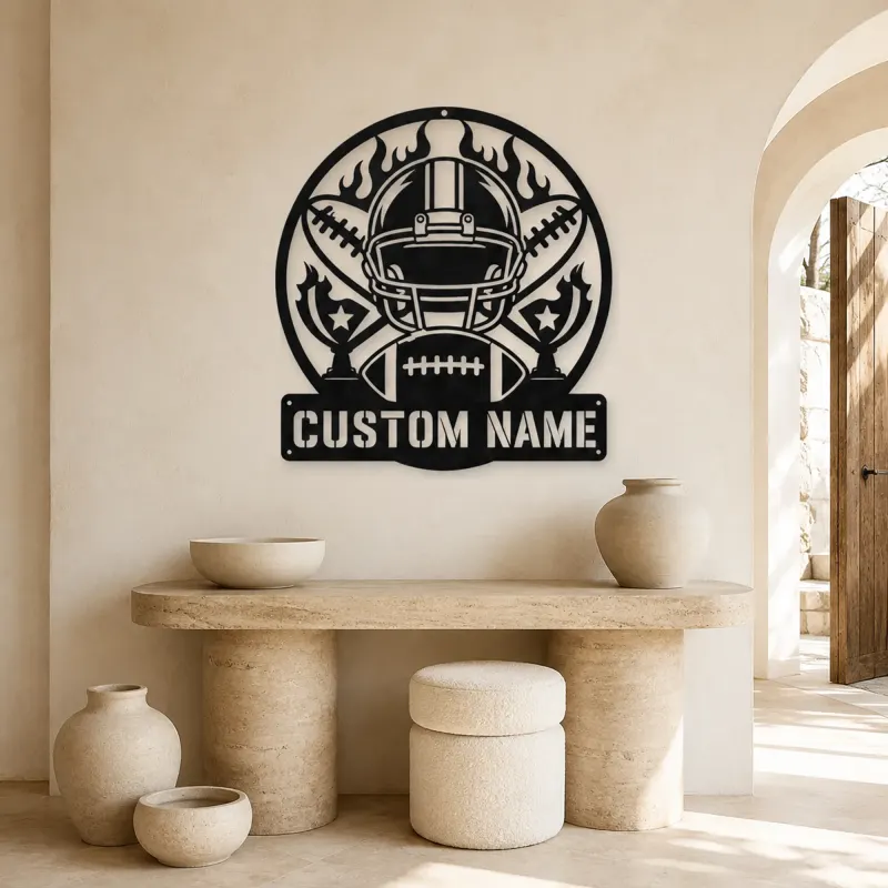 Personalized Football Helmet Trophy Flame Metal Wall Art - lifestyle view 3