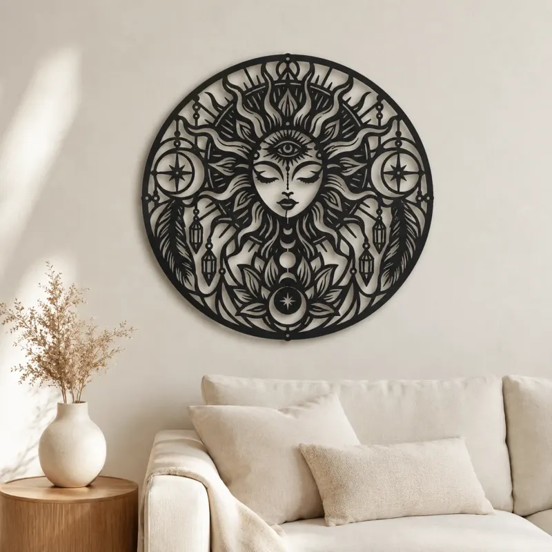 Arte mural de metal Third Eye Sun | Decoración boho espiritual de metal