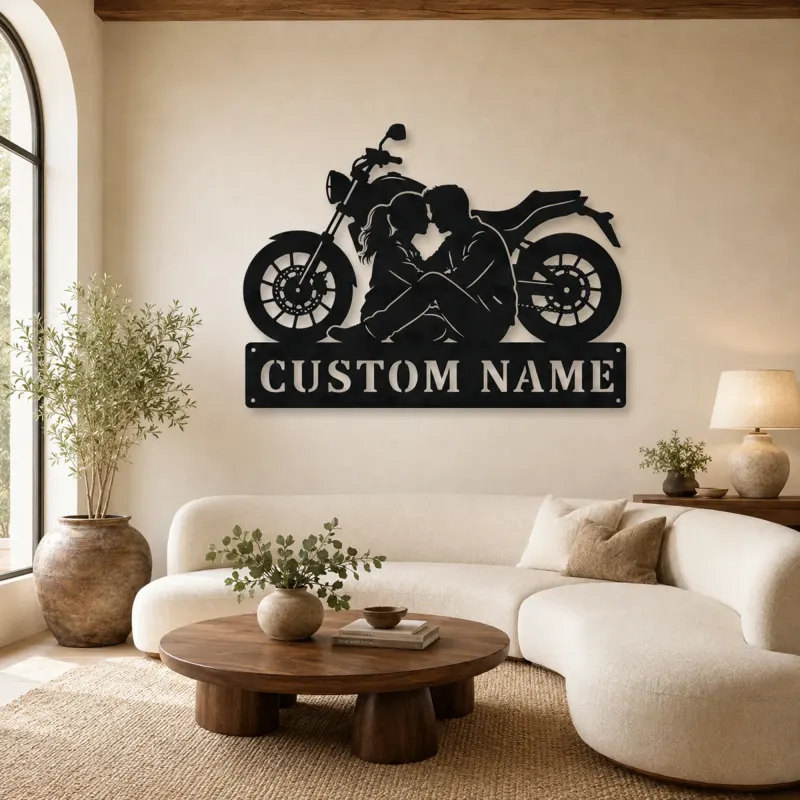 Décoration murale en métal personnalisée Couple Assis et Moto