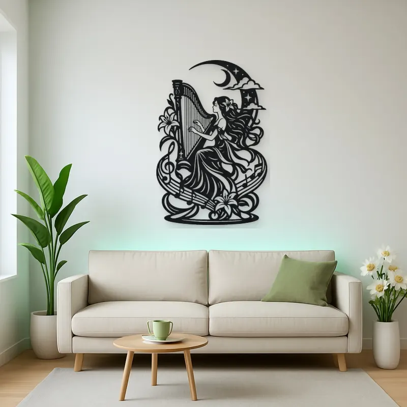 Harp Moon Curve Metal Wall Art | Music Room Wall Decor