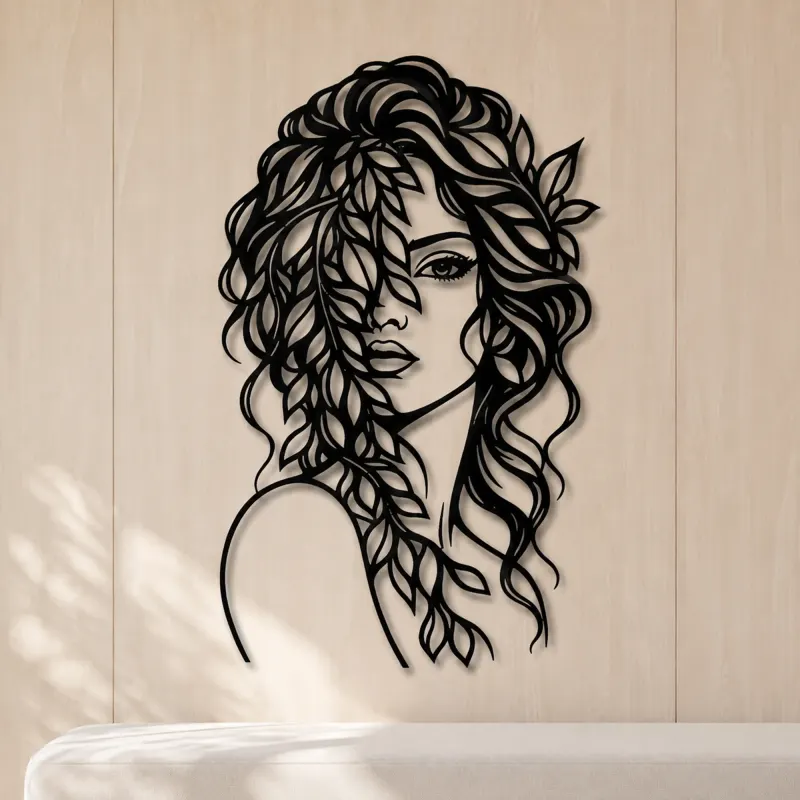 Leaf Veil Face Metal Wall Art | Minimalist Woman Line Art - lifestyle view 5