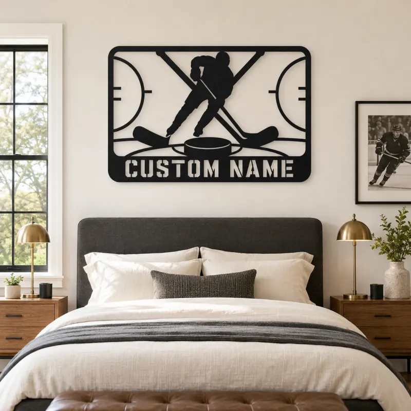 Personalized Ice Hockey Metal Wall Art with Crossed Sticks - lifestyle view 2