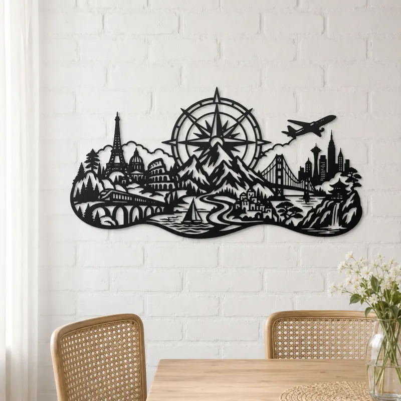 Compass Mountain Flow Metal Wall Art | Nature Silhouette Decor - lifestyle view 4