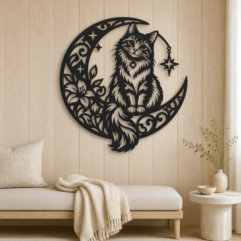 Cat on Moon Arc Metal Wall Art | Pet Lover Silhouette Decor - lifestyle view 5